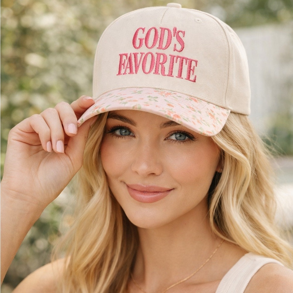 God’s Favorite Floral Brim Trucker Hat Pink Embroidered Faith Cap Adjustable